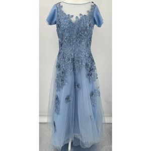 $790 Rickie Freeman for Teri Jon Women's Blue ￼tulle Flower Appliqué Sz 10 Wow!!